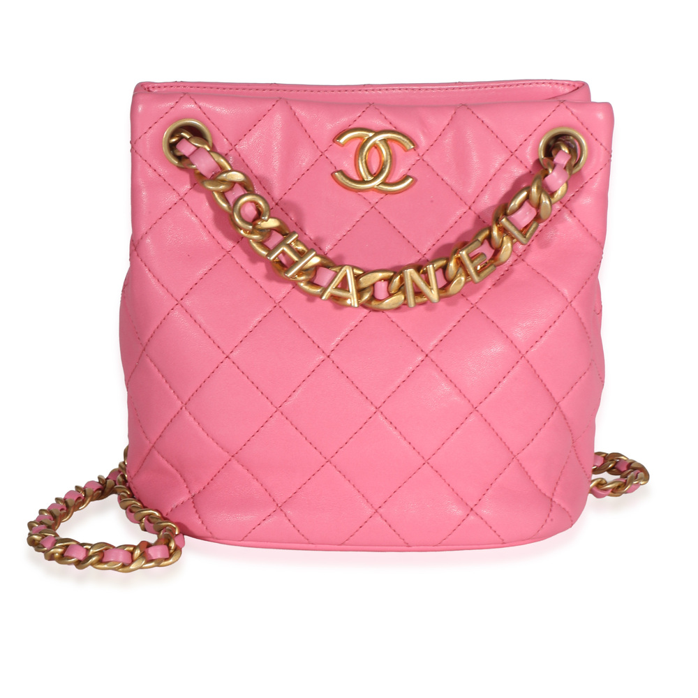 Chanel Pink Quilted Lambskin Logo Chain Bucket Bag